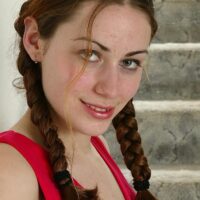 Euro amateur in braided pigtails demonstrates her smallish boobies and wooly muff