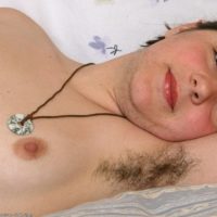 Fur covered Euro amateur vaunting furry underarms and natural vag on bed